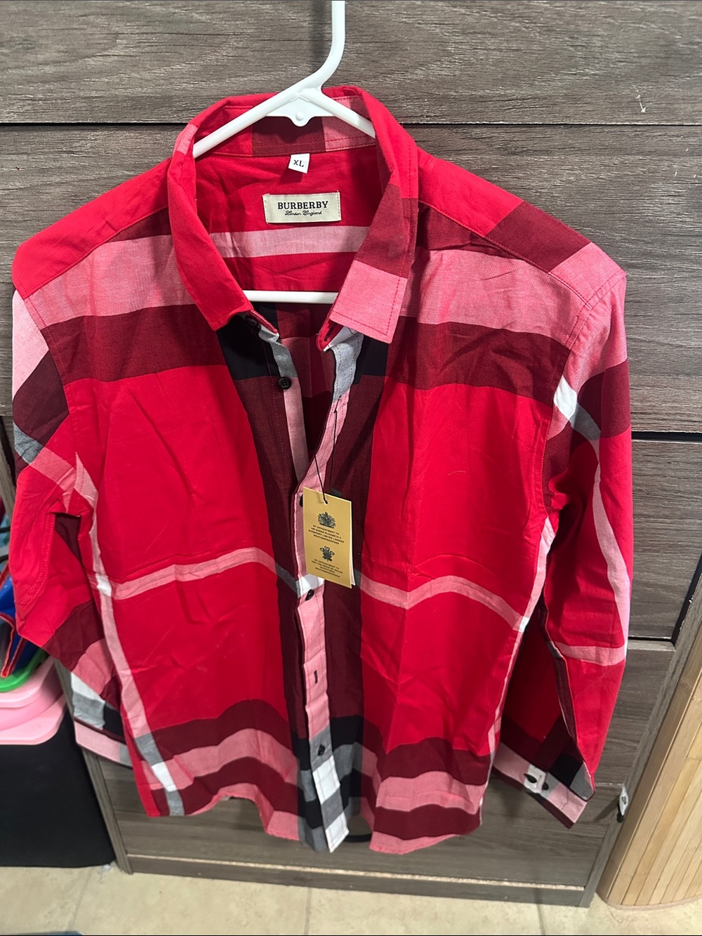 Red and Pink Plaid Button-Down Shirt size S